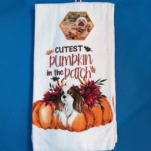 NWT 2 CAVALIER KING CHARLES CUTEST PUMPKIN IN THE PATCH KITCHEN TOWELS 18" X 28" - Picture 5 of 14